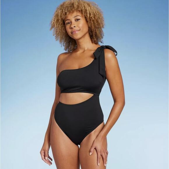 Shade & Shore Women's One Shoulder Bow Cut Out One Piece Swimsuit - Black Large - Picture 1 of 10